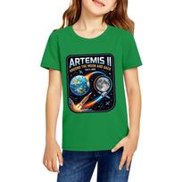 Kids Casual Short Sleeve T-Shirt Artemis II Around The Moon And Back Graphic Print Cotton Top for Boys and Girls 100 žalia