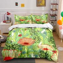 Hand-painted poppy flowers and green leaves Print Bedding Set 1 Duvet Cover 2 Pillowcases for Adult and Children Luxury Gift 135x200cm