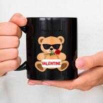 Teddy bear mug, black, please be my Valentine's gift, with roses and sunglasses, special for Valentine's Day. juoda