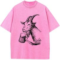 Beer and Goat Mens ShortSleeved Tshirt Cotton Washed TShirt Vintage Bleached Tshirt Fashion Loose Bleach T Shirt M