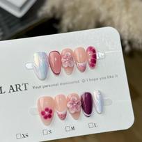 10Pcs Handmade Nude Pink Fake Nails with 3D Cherry Blossom & Pearl Decorations XS