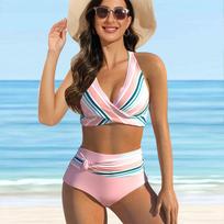 Moteriškas maudymosi kostiumėlis su pečių juostele Rožinis Dreamy Stripes Print Bikini Tankini maudymosi kostiumėlis S rožinė