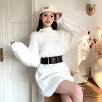 Žieminė šilta vintažinio stiliaus diržu megzta mini suknelė moterims elegantiškos megztos suknelės gatvės stiliaus korėjietiški vienspalviai kasdieniai drabužiai L balta