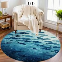 Nordic Style Round Carpet, Modern Fashionable & Fresh, Green Plant & Leaf & Ocean Pattern, Cloakroom Carpet, Bedroom Floor Mat Diameter 80cm