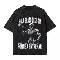 Funny Gym Meme Skeleton Dumbbell Curl Hola Brazo De  Cm Ponte A Entrenar Graphic Vintage Washed Distressed Oversized Short Sleeve Casual Fitness S