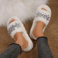 Fashion Luxury Glitter Flower Furry Slippers Women 2025 Winter Soft Faux Fur Non Slip Indoor Slides Warm Short Plush Bedroom Slides 36-37 balta