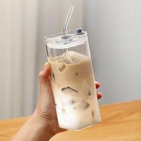 350 ml kvadratinis kavos stiklinis puodelis su dangteliu ir šiaudeliu, karščiui atsparus, skirtas ledinei kavai, pusryčių pieno puodelis, skaidrus alaus puodelis, gėrimų indai 350ml gryna