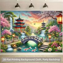 2D Vibrant Koi Fish Temple Backdrop for Studio & Party Decoration 47.2x31.5inch/120*80cm