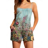 Women's Casual Fashion Floral Print Sleeveless Suspenders With Pockets Jumpsuit Shorts L žalsvai mėlyna