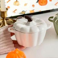 Pumpkin Ramekin with Lid-Food-Grade Ceramic Custard Cup for Steaming Egg& Dessert, Oven & Microwave Safe Pot for Healthy Cooking