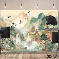 2D Chinese Temple Waterfall Crane Backdrop for Wall Hanging Decor 47.2x31.5inch/120*80cm