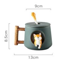 420ml Cute 3D Shiba Inu Pattern Ceramic Coffee Mug with Lid And Spoon - Cartoon Milk Tea Cup for Girls Creative Breakfast Gift 420ml tamsiai žalia spalva