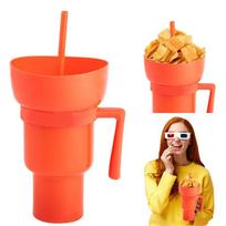 2 in 1 Popcorn Beverage Cup Snack 1000ML Straw Cup with Handle Water Bottles with Straw Coffee Cup Mug Leak-Proof For Kids Adult 5.79x10.51inch oranžinė