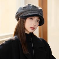 Plaid Beret Women's Autumn and Winter Casual Cold Warm Hat Fleece Thickened Octagonal Hat one size