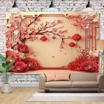 2D Flat Printing Spring Festival Backdrop with 3D Paper Art Red Flowers & Lanterns for Party Decoration 47.2x31.5inch/120*80cm