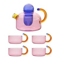 Heat-Resistant Glass 400ML Glass Teapot with 4 Glass Teacups and Tea Infuser for Loose Leaf Tea Lead-free Tea Maker Teaware Set Five-piece Set rožinė
