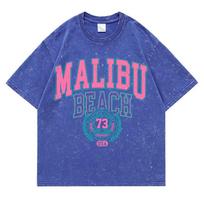 Street Men Women Cotton Washed TShirt Malibu Beach Simple Letter Printing Tee Shirt Loose Tops Casual Couple Clothes S