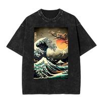 The Great Wave Fuji Mountain Washed TShirt Men Japanese Landscape Vintage Simple TShirts ONeck Tees Oversized Clothing S