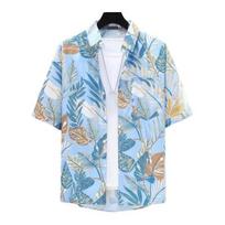 Summer Men Shirt Leaf Print Short Sleeves Tropical Style Hawaii Loose Single-breasted Turn-down Collar Soft Breathable Mid Length Vacation Beach Top L mėlyna