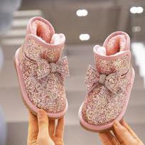 Girls Snow Boots Rhinestone Sequins Kids Fashion Winter Boots Princess Child Winter Cotton Plush Glitter Boots with Bow Classic 27 rožinė
