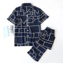New Spring and Summer Men's Viscose Pajamas Short-sleeved Trousers Two-piece Set Large Size Geometric Cardigan Home Service Suit M