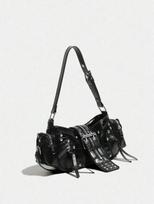 Vintage Y2K Oil-Wax Leather Motorcycle Bag, Cyberpunk Gothic Punk Crossbody Shoulder Purse juoda