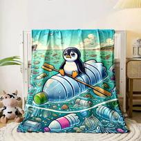 A sad penguin on a plastic bottle surrounded by ocean trash and pollution. for all seasons blanket lunch break throw gift 80cm x 120cm