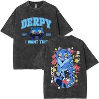 Movie KPop Demon Hunters Derpy Tiger Washed Vintage Tshirts for Fans Gift Men Women Cartoon Short Sleeve T Shirts S
