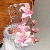 Pink lily flower transparent phone case suitable for iPhone 17 16 15 14 13 12 11Pro/Max/Plus anti drop and shockproof back cover iPhone15Promax