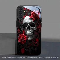 Raudonos rožės kaukolės rašto grūdinto stiklo telefono dėklas, tinkamas Samsung Galaxy S26 S25 S24 S22 S21 S20 FE/Ultra/Plus5G, apsaugantis nuo kritimo Galaxy S22 Ultra juoda
