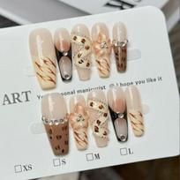 10Pcs Handmade Neutral Nude Fake Nails with Leopard Print & Rhinestone Decorations XS