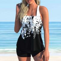 Moteriškas maudymosi kostiumėlis su petnešėlėmis, bikini / tankini, su blizgučių lapų raštu S juoda