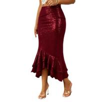 Women Midi Skirt Sexy Hip-Hugging Design Hip-Covering Pure Color Party Skirt Glitter Low-rise Ruffle Hem Fishtail Skirt Daily Wear S vyno raudonos spalvos
