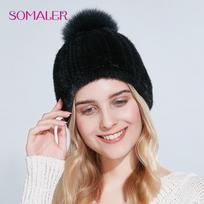 SOMALER Soft Knitted Mink Fur Hat with Real Fox Fur Pompom Beanie Fashion Color Cap pink