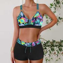Plus Size Women Fashion Sexy Round Neck Arc-shaped Stripe Bikini Set Slim Fit Beach Swimsuits Two Piece Set S juoda