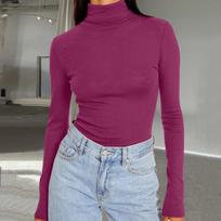 Women's Fashionable Turtleneck Long-Sleeved Shirt Warm Base Layer Top Solid Colour Blouse L violetinė
