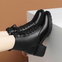 Rudens žiemos moteriški batai Nauji raišteliais užrišami batai moterims Madingi Batai su storu kulnu Šoninis užtrauktukas Ankle boots Šilti Moteriški moteriški motociklininkų batai 35