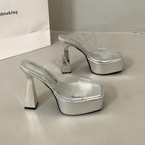 Square head transparent word with thick sole outer wear slippers women's summer thick heel waterproof table small man height increase super high heels 34 sidabras