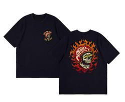 Summer Classic Vintage Fire Skull Lightning Eye Motorcycle Harley Cotton Printed Short Sleeve T-shirt for Men and Women 4XL