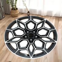 Car Wheel Rim Design Carpet Mat Anti-Slip Backing Rug Metallic Silver Blue Accent for Modern Home Decoration Industrial 3D Rim 60cmx60cm