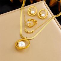 Gold Plated Stainless Steel Herringbone Chain Pearl Jewelry Set (Necklace, Earrings & Ring) auksas