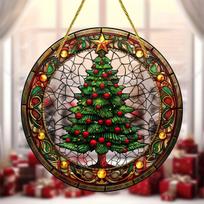 Holiday Christmas Tree Suncatcher Stained Glass Suncatcher Acrylic Painted Window Decoration Pendant Wall Acrylic Bead Curtain One Size žalia