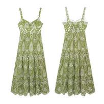 Printed Hollow Out Sling Women Dress Elegant Green Sleeveless Backless High Waist Dresses Female Summer Lady Beach Robe XS žalia