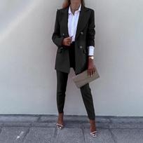 Dviejų dalių Blazers drabužių rinkiniai moterims rudens pavasario biuro moteriškas elegantiškas švarkas, kostiumas ilgomis rankovėmis ir pieštukų spalvos kelnės XXL juoda