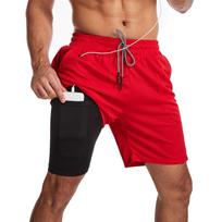 Men's Running Solid Color Two-in-one Grid Quick-drying Five-point Pants Sports Casual Fitness Jogging Shorts L raudona