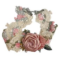 French Style Rose Choker Necklace Textured Sweet Fabric Choker Lace Flower Choker  Take Photo rožinė