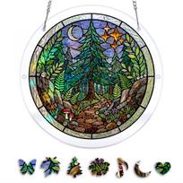 83 Piece Acrylic Suncatcher Window Hanging Panel with Forest Path Design Stained Glass Style Decorative Sun Catcher 19cm Diameter One Size