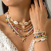 Star Bead Braided Rope Bracelet Shell Beach Choker Fashion Necklace Bracelet Set  Party Style 1