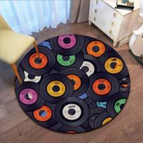 Vinilinės plokštelės apvalus kilimas Retro muzikos tema flanelinis kilimas svetainei, miegamajam, studijai dekoruoti Rock n Roll stiliaus grindų kilimėlis Diameter 60cm black