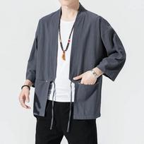 Summer Mens Kimono Jackets Cardigan Lightweight Casual Cotton Blends Linen Seven Sleeves Open Front Hanfu Coat 4XL pilka